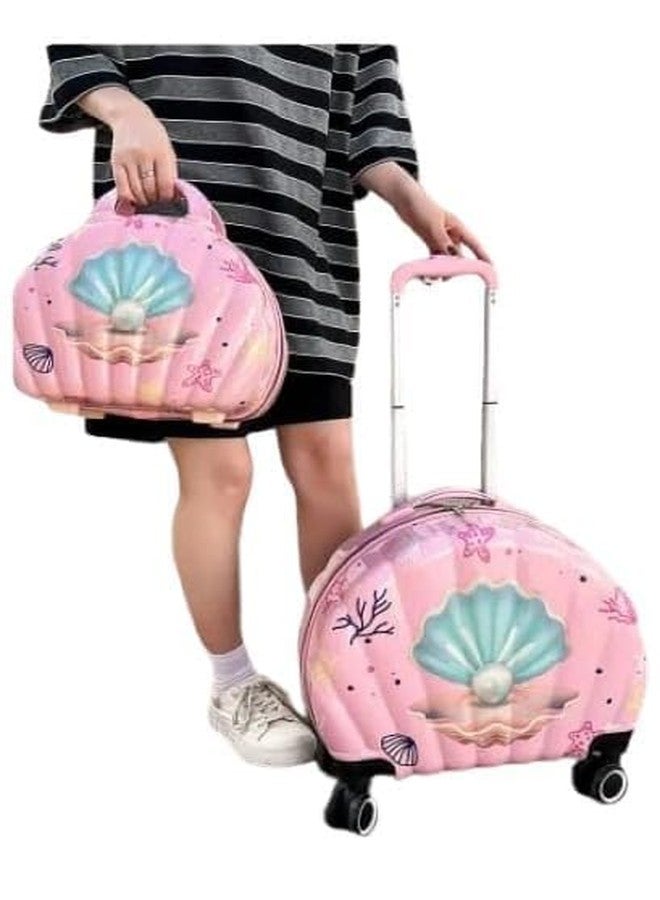 Swarn Products منتجات سوارن، طقم حقيبة سفر وحقيبة يد للأطفال بتصميم صدفة (قطعتان) - طبعة لؤلؤية، وردي، حقائب سفر خفيفة الوزن بعجلات، سعة تخزين كبيرة - Image 5